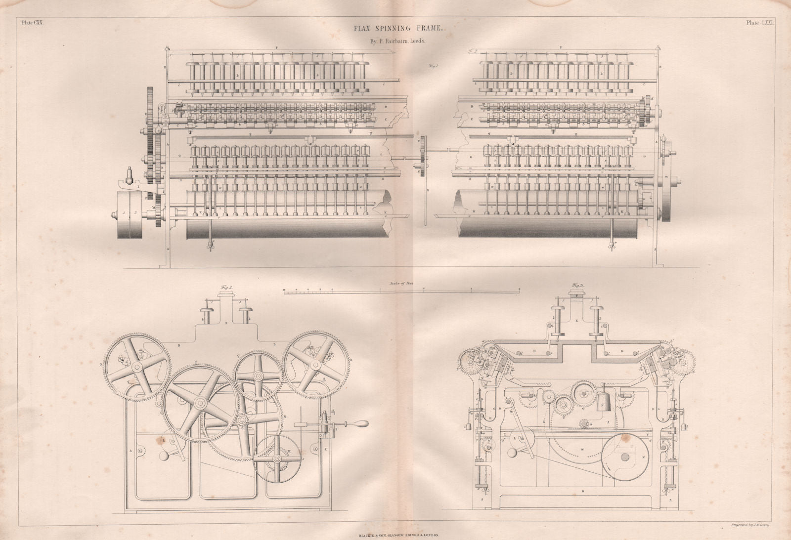 VICTORIAN ENGINEERING DRAWING. Flax spinning frame by P. Fairbairn, Leeds 1847